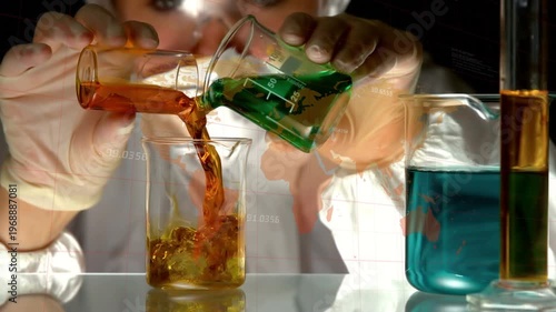 Animation of data processing over caucasian scientist with beaker