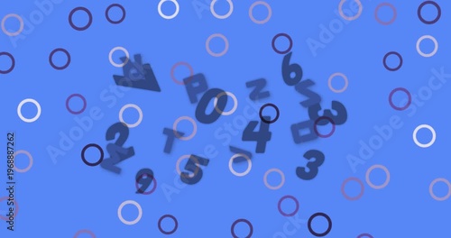Animation of changing numbers and letters on blue background with circles