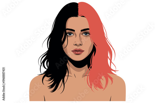 A woman with a striking dual hair color, black and pink, looks directly at the viewer with a neutral expression.