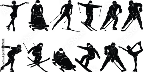 Professional Winter Sports Athlete Silhouettes Collection Featuring Ice Hockey Figure Skating Skiing Snowboarding Bobsleigh And Speed Skating Icons