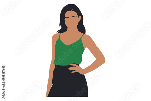 A confident woman in a green top and black skirt standing with her hand on her hip