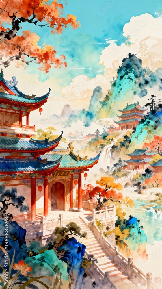 Obraz premium Watercolor Chinese Traditional Architecture Landscape