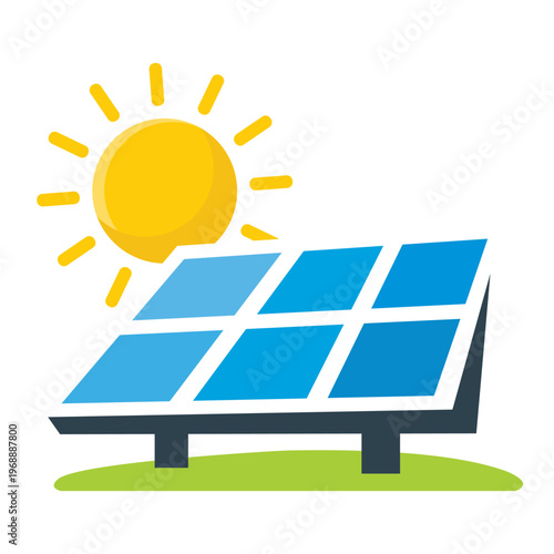 Solar panel with sun icon, renewable energy and clean power concept, flat vector illustration