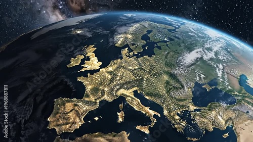 Earth from space with glowing Europe city lights at night