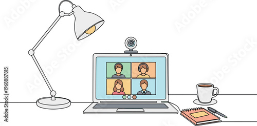 A simple line drawing of a laptop with a video conference call on the screen sitting on a desk with a lamp and coffee cup