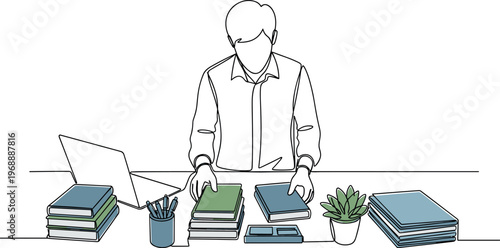 A man works at a desk surrounded by books and office supplies