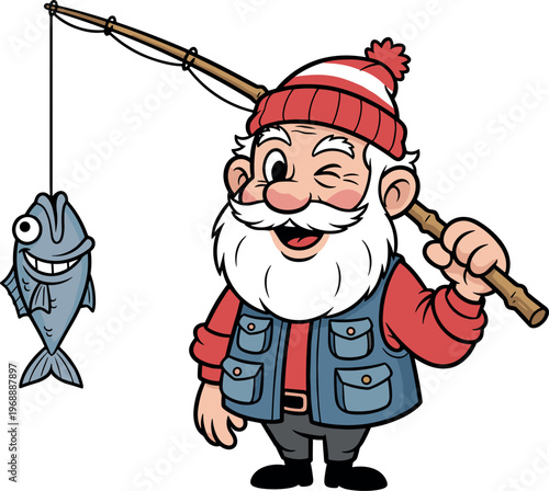 A cheerful cartoon Santa Claus holds a fishing rod with a smiling fish