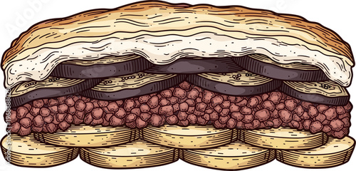 A detailed illustration of a layered pastry dessert with various textures