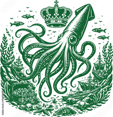 Royal Squid Crown Pirate Ship Treasure Green Art
