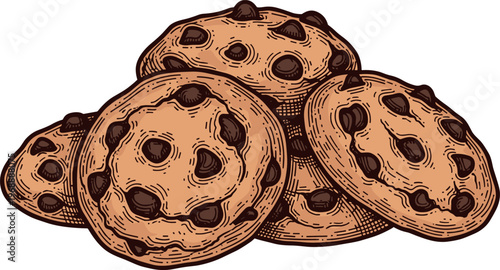 A pile of freshly baked chocolate chip cookies on a clean surface
