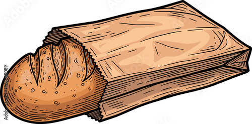 A crusty loaf of bread wrapped in a paper bag for takeout