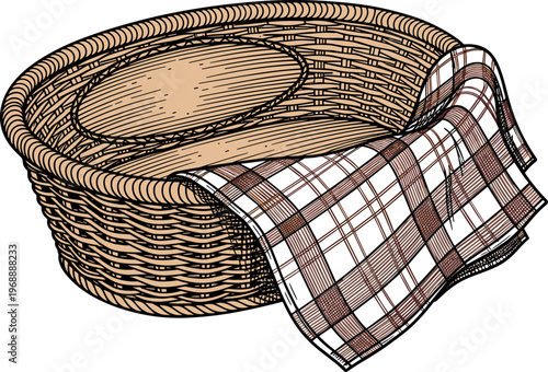 A wicker basket with a brown and white plaid cloth draped over it