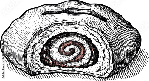 A detailed illustration of a cut cinnamon swirl bun on a plain surface