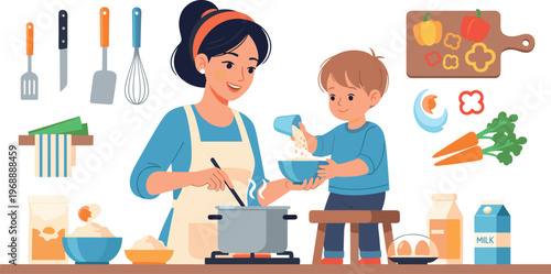 A mother and son cooking together in a modern kitchen with various ingredients
