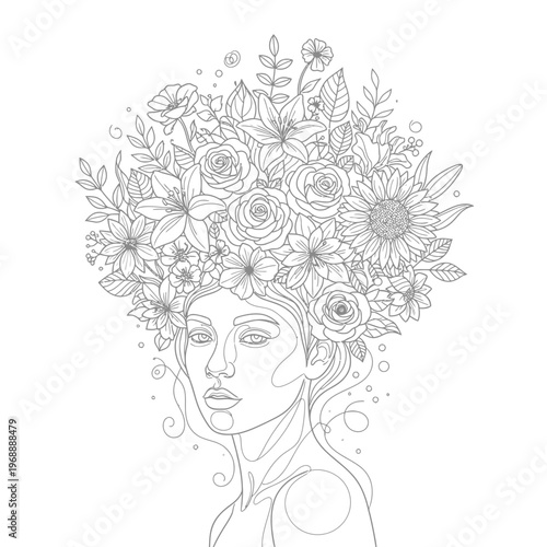 Line art of a woman's face and shoulders adorned with a floral crown, in grayscale