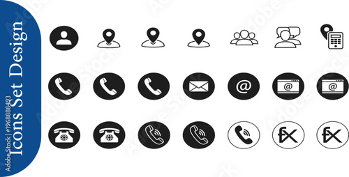 Collection of communication and contact icons for web and mobile applications, including people, location, phone, and email symbols
