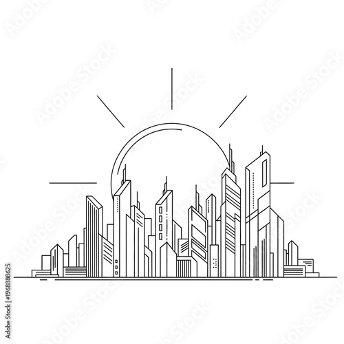 Black and white minimalist city skyline with sun rising above. Architectural design
