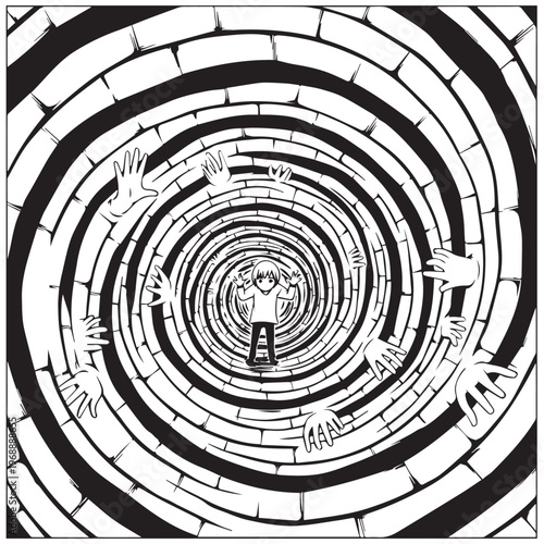 Black and white maze illustration, surreal optical illusion, tunnel vision concept, abstract labyrinth design
