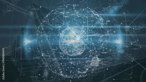 Animation of data processing, network connecting dots with lock icon against solar power station