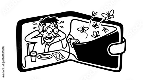 Minimalist Open Wallet with Empty Bill Cartoon Line Art, Monochrome Vector Illustration of Broke Money Humor