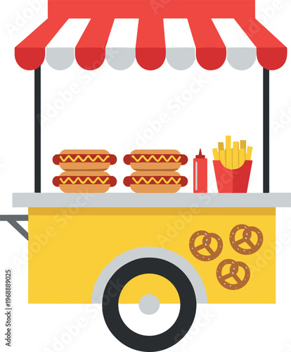 A colorful illustration of a food cart with hot dogs and pretzels