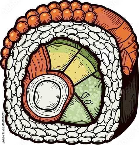 A vibrant illustration of a sushi roll on a clean white background
