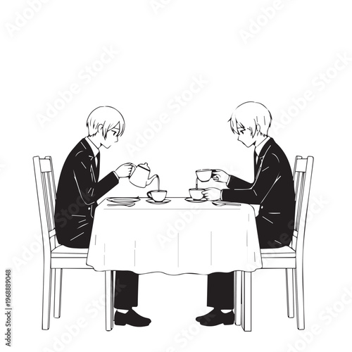 Black and white illustration of two businessmen having tea, formal meeting, corporate lifestyle, monochrome vector