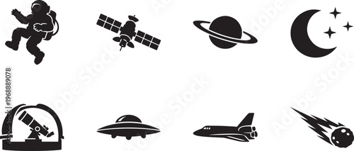 Rocket launch icon set with space startup and growth symbols in clean minimal vector style design