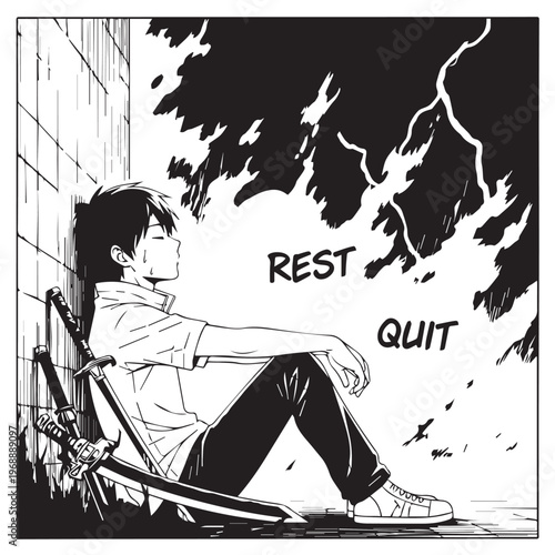 Sad anime boy, manga style, sitting alone, quitting, resting, black and white