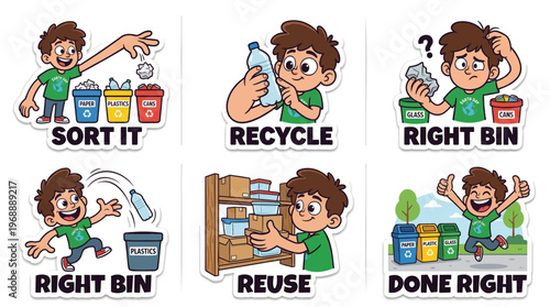 Recycling life cartoon sticker set flat vector featuring waste sorting process with paper plastic cans and glass bins reuse at home and right bin choice for sustainable environmental education