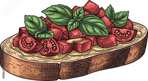 A vibrant illustration of bruschetta topped with fresh basil and tomatoes