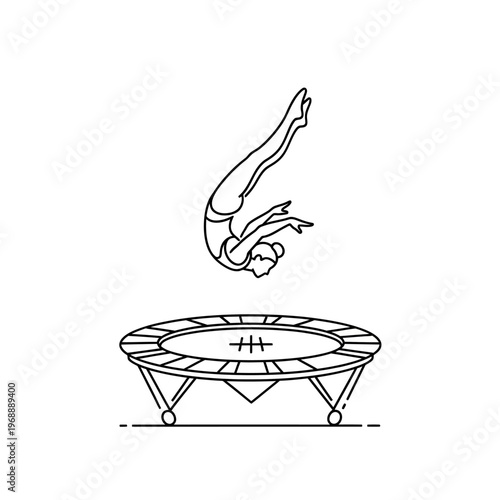 A black and white line drawing of a gymnast performing a flip above a trampoline