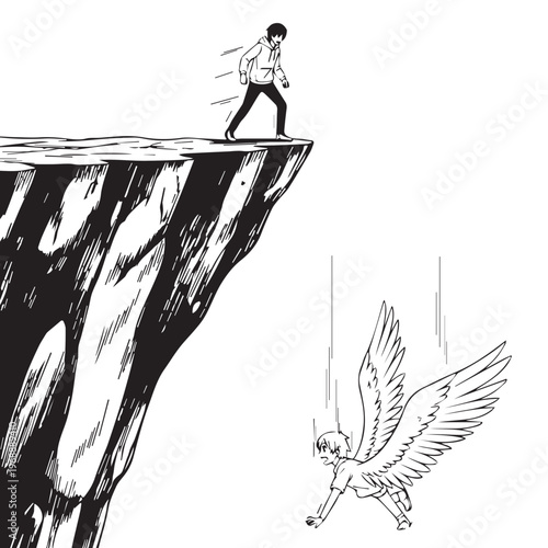 Dramatic cliff scene, man standing on edge, winged creature falling, black and white vector illustration