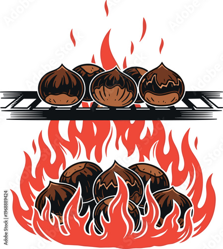 A graphic illustration of chestnuts roasting on an open flame grill