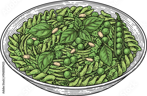 A vibrant bowl of green pasta salad with fresh basil and peas