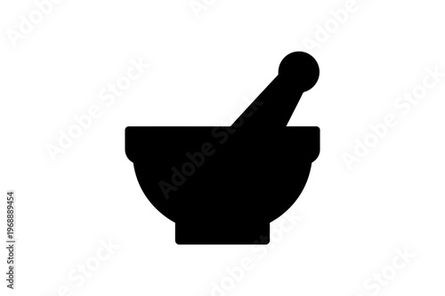 Mortar and pestle icon with a simple black silhouette design, perfect for medical or culinary uses. featuring grinding, crushing, mixing with herb