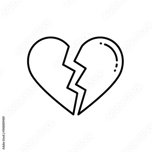 A simple black outline drawing of a heart broken into two pieces, with white background