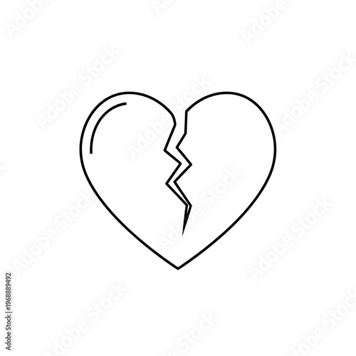 A black and white line art image of a heart broken by a jagged crack