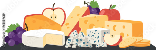 A colorful arrangement of cheese and fruit on a black platter