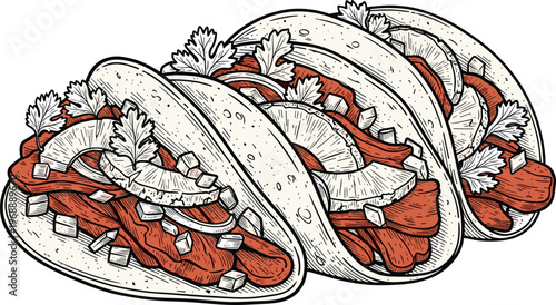 A vibrant illustration of tacos filled with meat and vegetables