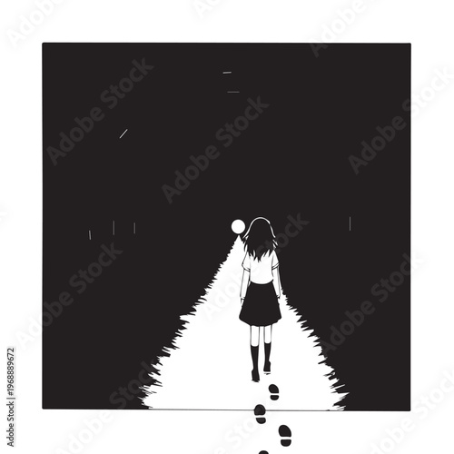 Lonely girl walking, dark road, black and white illustration, vector artwork, nighttime scene