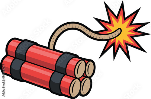 Dynamite bundle cartoon illustration, red explosive sticks with burning fuse sparks for danger warning, risk concept, and action design.