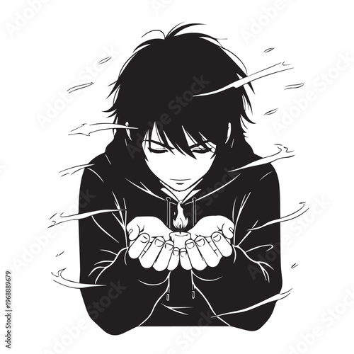 Anime style man with hands clasped, manga illustration, black and white, emotive expression, vector graphics