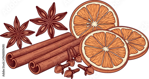 A vibrant illustration of cinnamon sticks and orange slices for culinary use