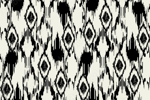 Seamless ethnic Ikat pattern with geometric shapes in Black and White. Traditional woven textile inspired by handmade craft, perfect for fabric, home decor, and fashion designs.