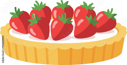 A cartoon-style illustration of a strawberry tart with fresh strawberries on top