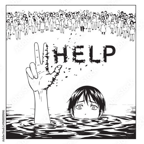 Drowning man, distress signal, crowd background, help text, desperate expression