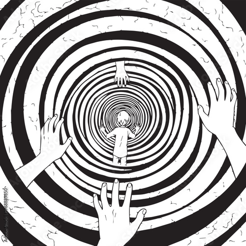 Optical illusion, surreal hands, reaching tunnel, black and white, abstract concept, mind bender