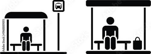 Bus stop waiting person illustration, minimalist icon showing passenger at station for public transport, commuting, and urban mobility design.