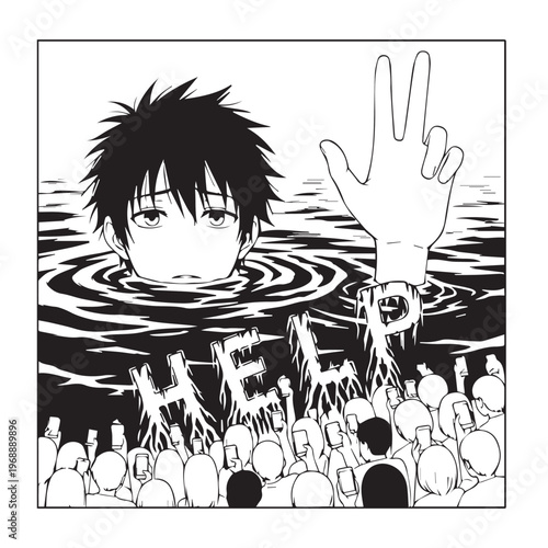 Drowning man, anime style, black and white illustration, crowd watching, distress signal